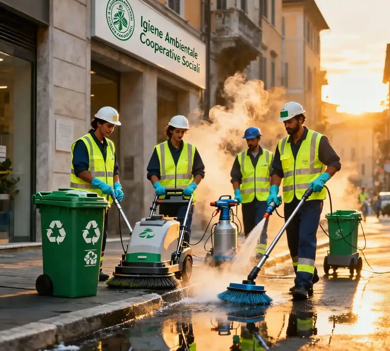 a group of workers in safety vests cleaning a street