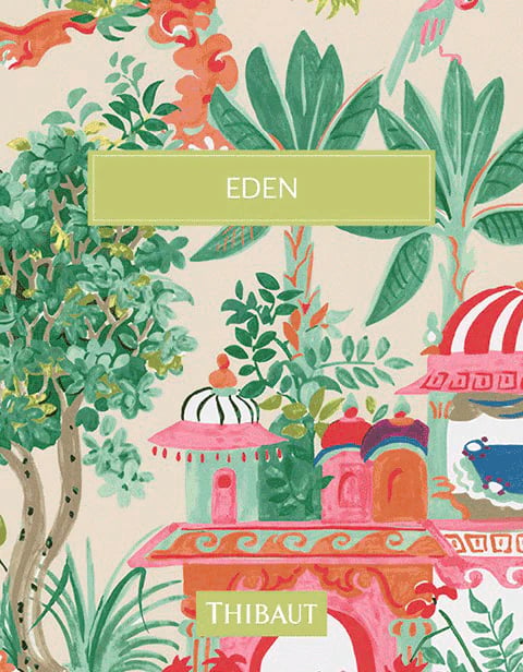 Thibaut Eden wallpaper featuring a vibrant tropical garden with exotic trees and pink pagodas.