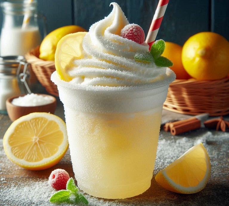 a cup of frosted lemonade topped with a cherry next to a basket of lemons and non-dairy milk