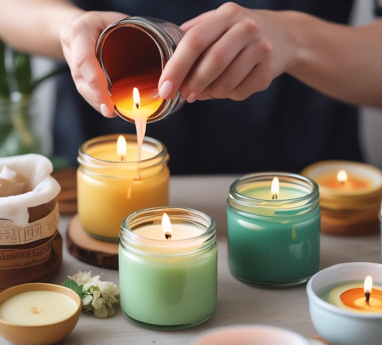 Hand pouring melted soy wax into colorful glass jars for handmade scented candle making.