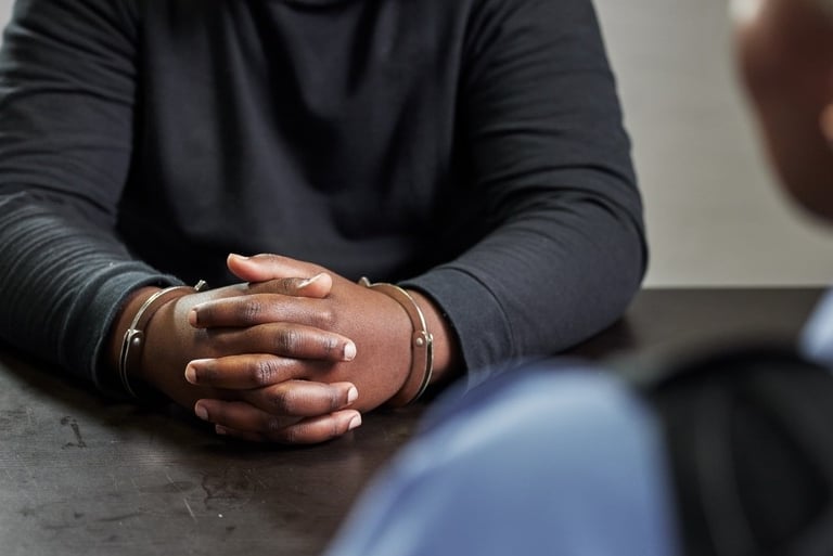 man in handcuffs at table
