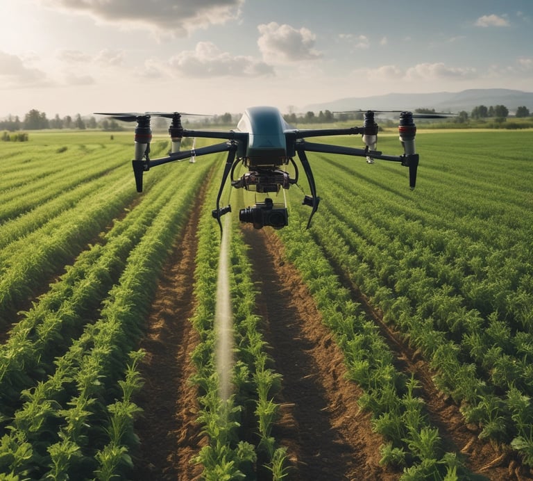 Agricultural drones flying over vast green fields during sunset.