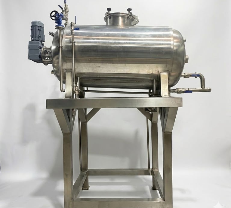 Industrial stainless steel horizontal pressure vessel tank on a metal stand for chemical processing.