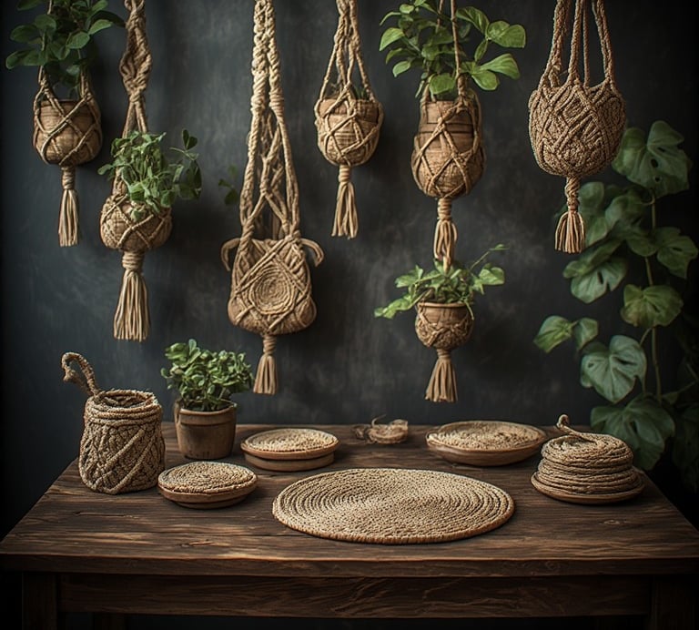 Rustic wooden table with handmade macrame mats, coasters, and hanging plant holders