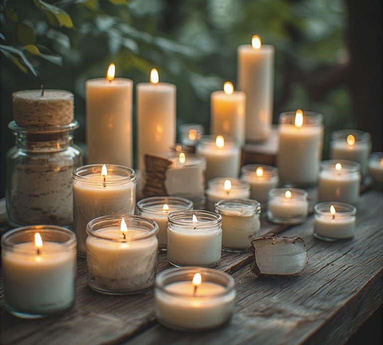 Rustic display of handmade beeswax pillar candles, container candles, and scented soy candles.