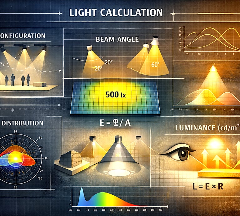 Technical infographic explaining light calculation, beam angles, luminance, and distribution for lighting design.