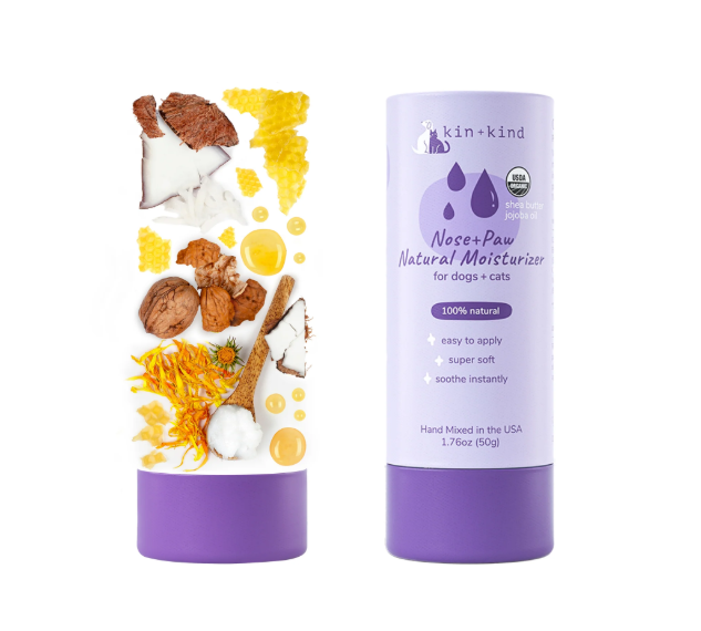 kin+kind natural nose and paw balm stick for dogs and cats featuring shea butter and jojoba oil.