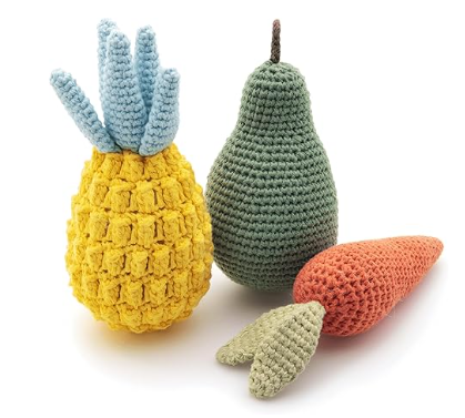 Nina Woof organic cotton handmade squeaky dog toy bundle featuring a carrot, pear, and pineapple.