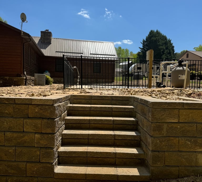 Retaining wall steps installation in Hickory NC built with block for long-term durability