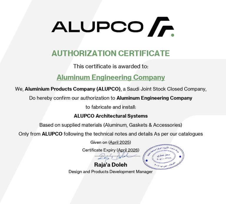 حصلت شركة ALENG على أعتماد رسمي من ALUPCO® كمصنع ومركّب معتمد لأنظمتهم المعمارية، مؤكدة التزامنا بال