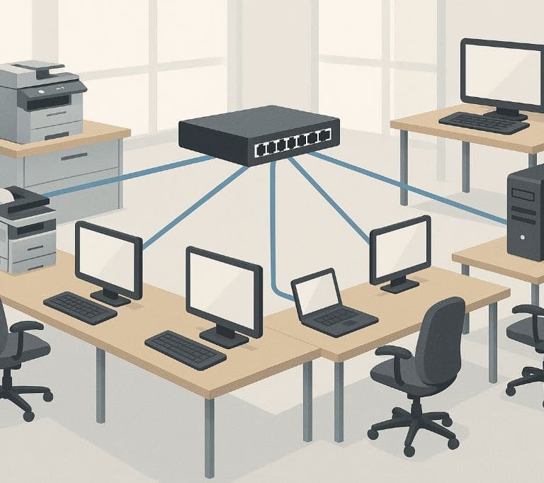 Instalación de un área de red local en una oficina donde todos los equipos informáticos se conectan