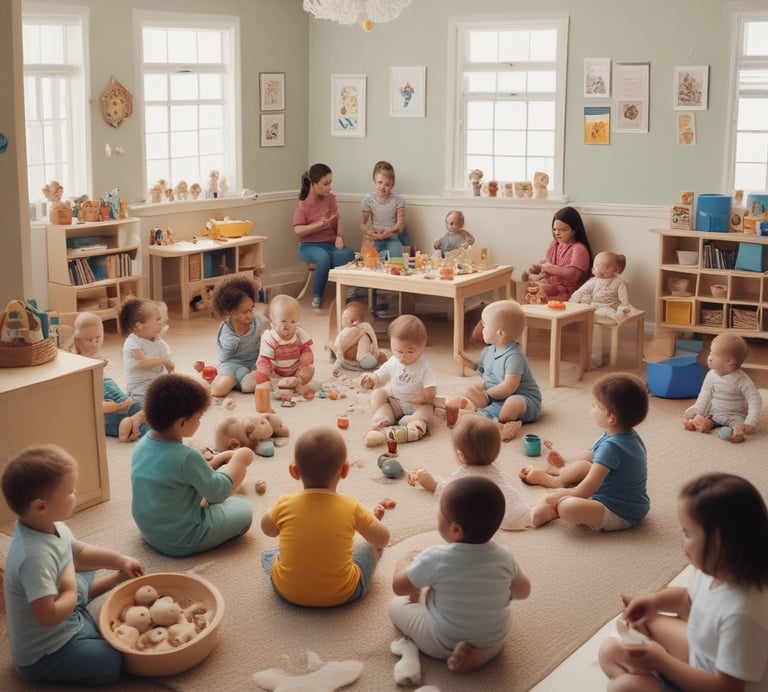 A group of women wearing casual clothing are engaging with children in a colorful room. The walls are painted with bright circles and letters. Some of the women are seated, serving food or interacting with the children, while one stands using a phone. The children are sitting or kneeling on the floor, holding bowls and cups.