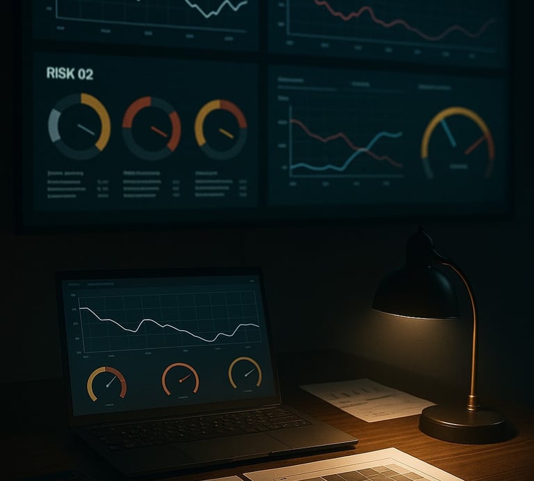 Risk dashboards with warning indicators, representing business failure early warning.