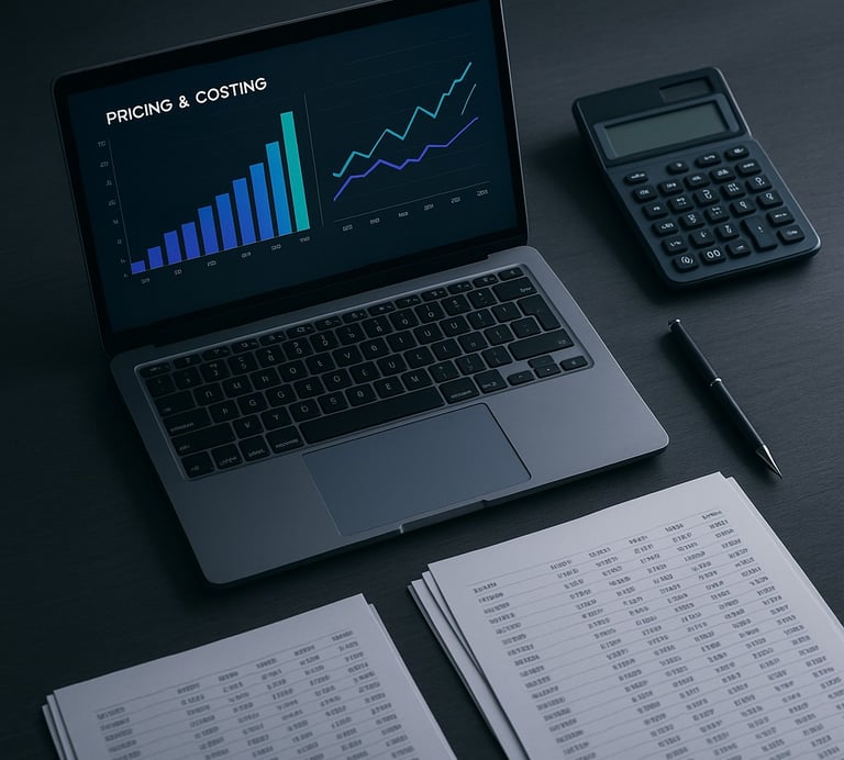 Laptop pricing and costing dashboard with charts reports beside a calculator.
