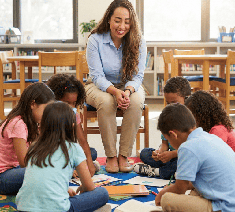 Julie Granata, especialista em TEA, sentada ao centro de um grupo de crianças realizando atividades educativas