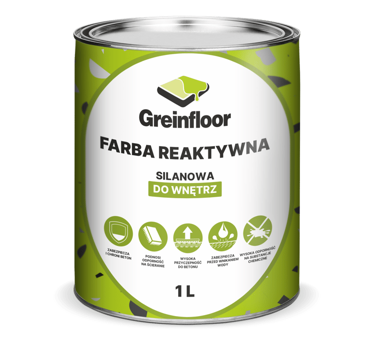 Puszka z zieloną etykietą produktu Greinfloor Farba Reaktywna, silanowa do wnętrz o pojemności 1 L
