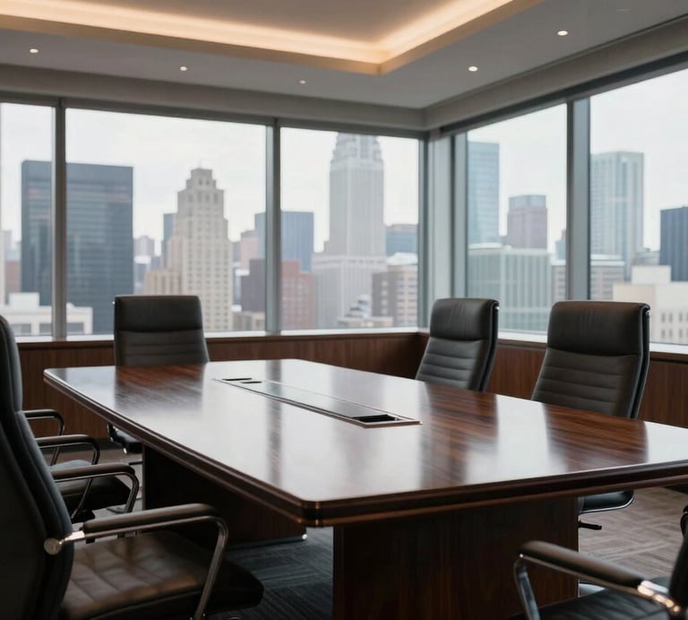 A wide-angle interior photograph of a luxury executive boardroom in New York, featuring a polished dark wood table and high-end ergonomic chairs, with a view of the city skyline through floor-to-ceiling windows, soft morning light, sophisticated and authoritative atmosphere.