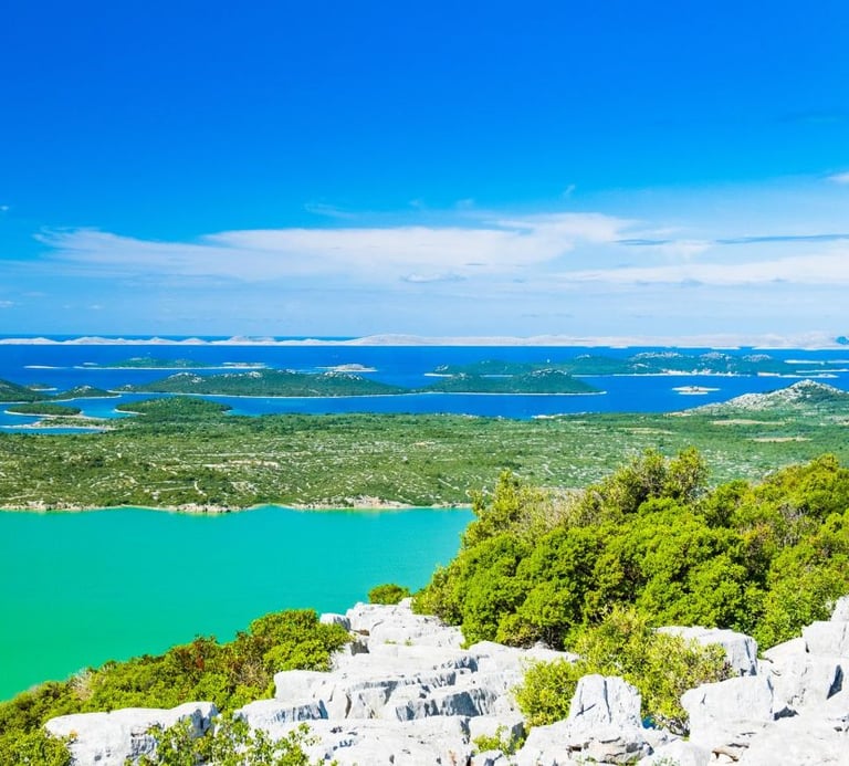 Birdwatching tower overlooking Vransko Lake surrounded by wetlands and cycling trails.