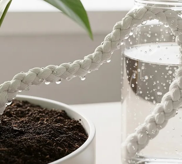 Sistema de autorriego casero con un tarro de agua y un cordón de algodón.