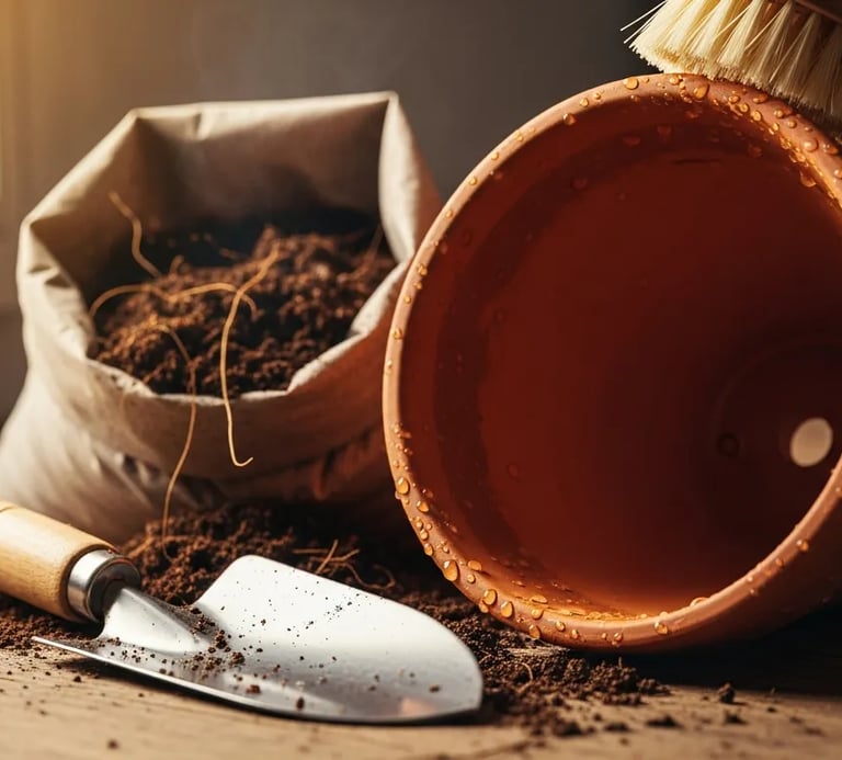 Maceta de barro vacía y limpia lista para una nueva planta.
