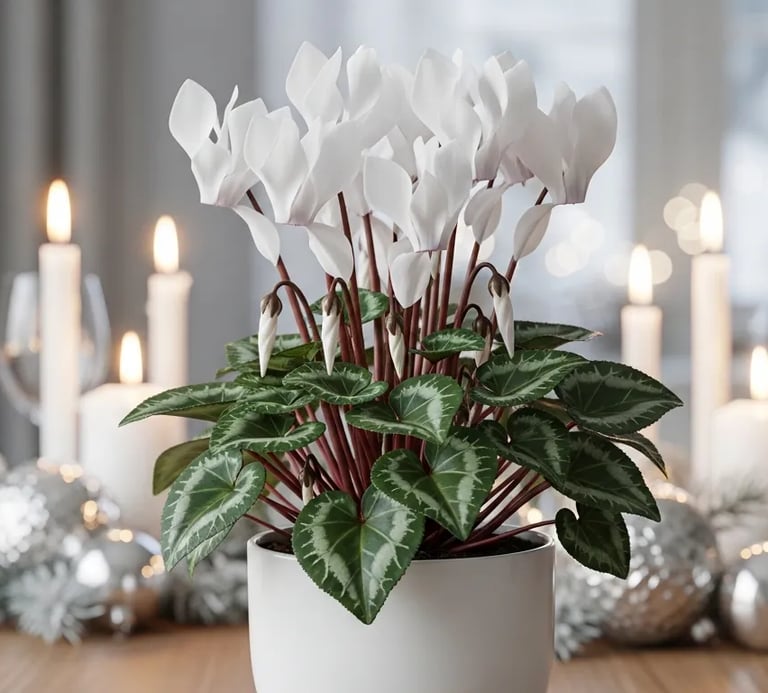 Ciclamen de flores blancas en un centro de mesa navideño con decoración plateada.