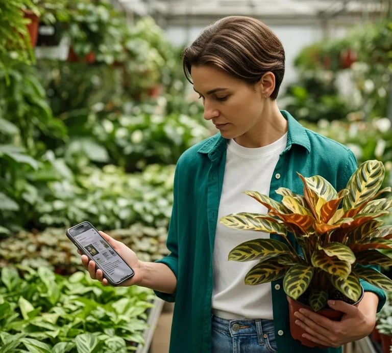 Consultando guía de cuidados en el móvil antes de comprar una planta nueva.