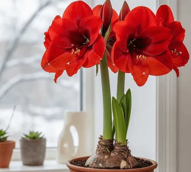 La Amaryllis de color rojo llamativo, frente a una ventana.