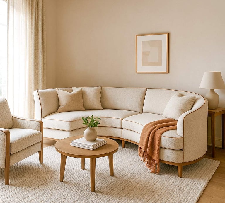 Custom sofa perfectly tailored to a uniquely shaped room, styled with coordinated fabrics for a personalized feel.