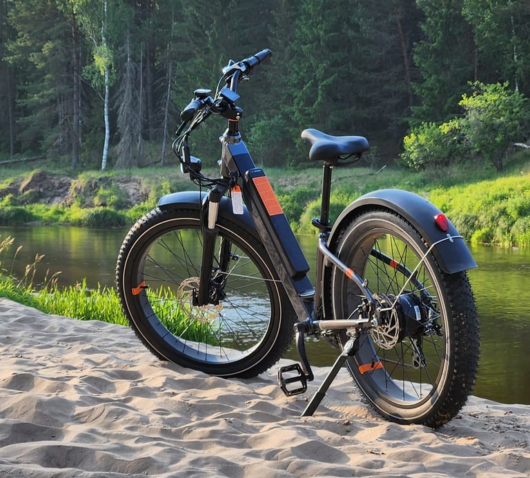 a  fat tire electric rental bicycle parked on sand near a river