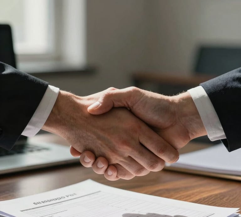 Close-up of two hands shaking across a boardroom table, shipping manifest papers and a pen visible in the foreground, natural window light from the left casting a soft shadow, muted office environment out of focus behind
