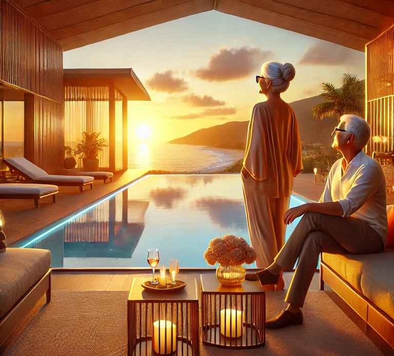 Elegant older couple relaxing at a beachside villa, enjoying retirement with luxury and tranquility.