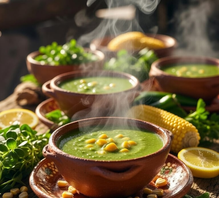 Steaming bowls of creamy green vegetable soup garnished with yellow corn kernels on a rustic wooden table.