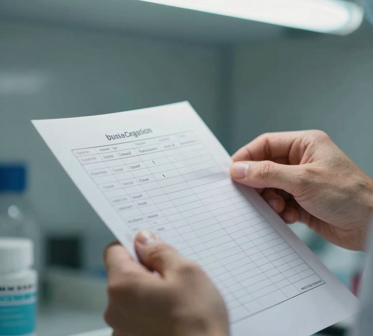 Close-up of male clinical professional hands reviewing a printed medication chart under cool fluorescent light, a drug dispensary tray visible in the lower frame, precise clinical environment, sharp focus, no faces visible