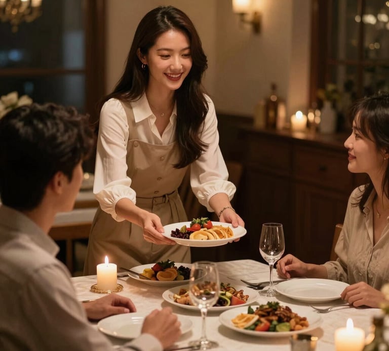 Smiling waitress serving a gourmet plate to a couple at a candlelit fine dining restaurant table.