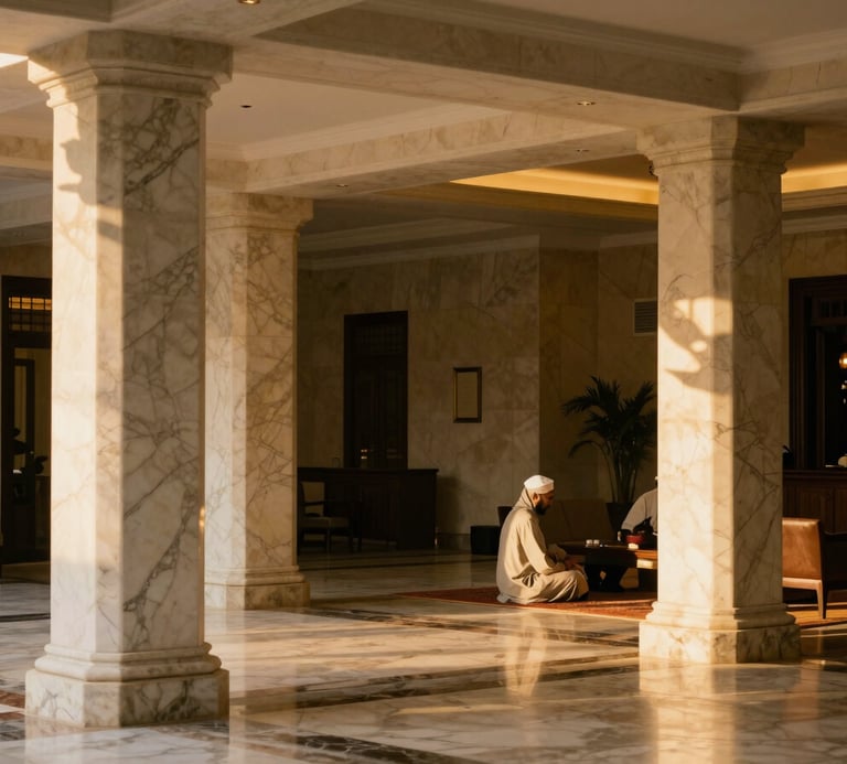 Luxury hotel lobby in Medina, elegant marble columns, soft warm lighting, peaceful atmosphere, 35mm editorial photography