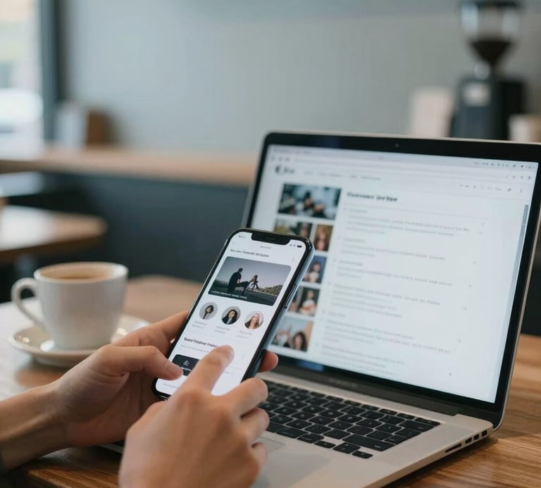 A bright North American coffee shop interior where a person is efficiently using a smartphone and laptop to manage social media profiles, featuring soft blue and gray color tones.
