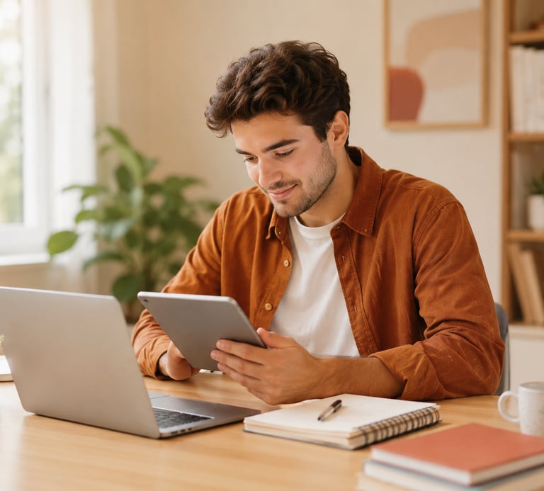 Student using a mobile app for EU exam preparation