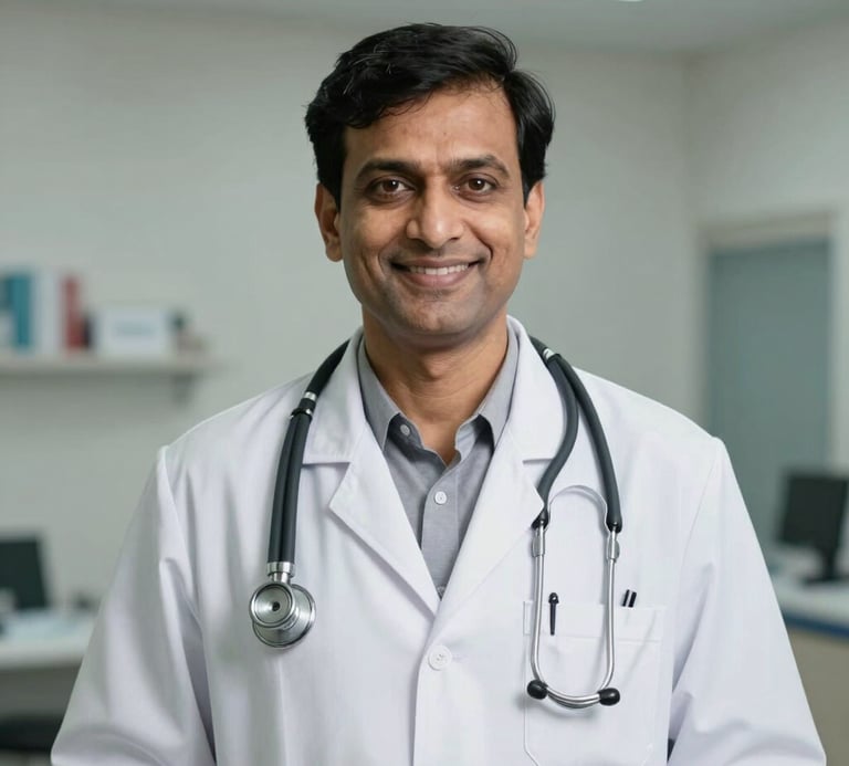 Professional eye-level portrait of Dr. R. S. Yadav in a clean white doctor coat with a stethoscope, smiling reassuringly in a well-lit medical clinic.