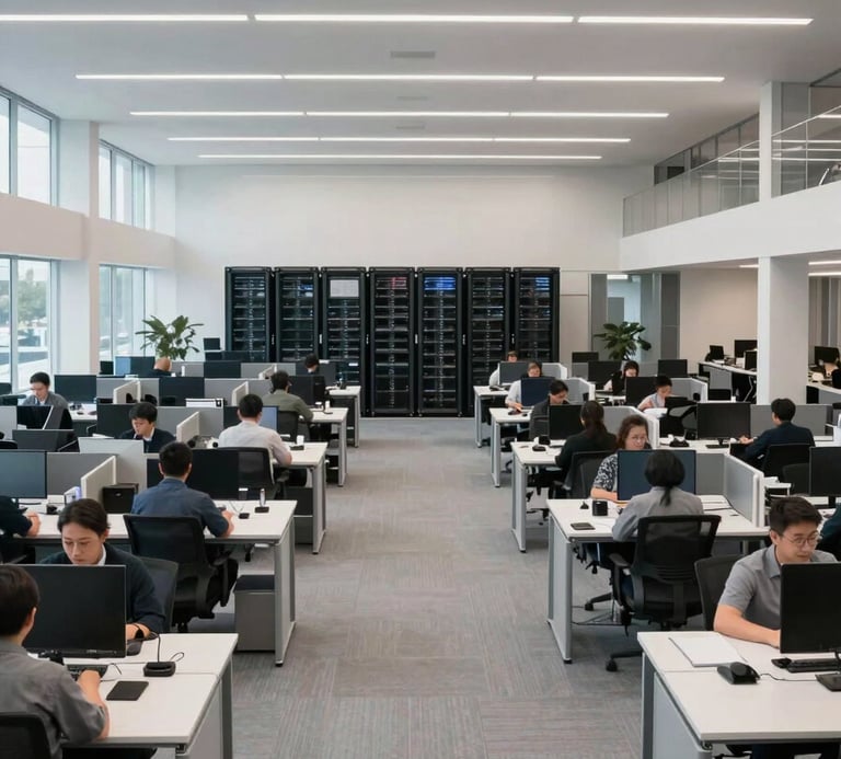 Wide architectural interior of a clean corporate office workspace, overcast north-facing daylight, rows of uniformed staff at desks visible in the middle distance, a server rack installation visible through a glass partition in the background, no faces visible, shot from a high vantage point to show the scale of the space