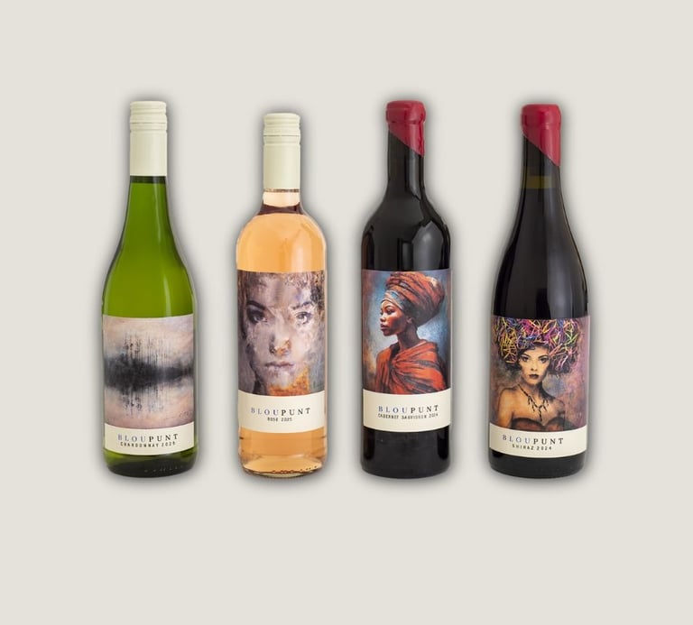 Bloupunt wine bottles with Osner Art labels featuring abstract and portrait artworks.