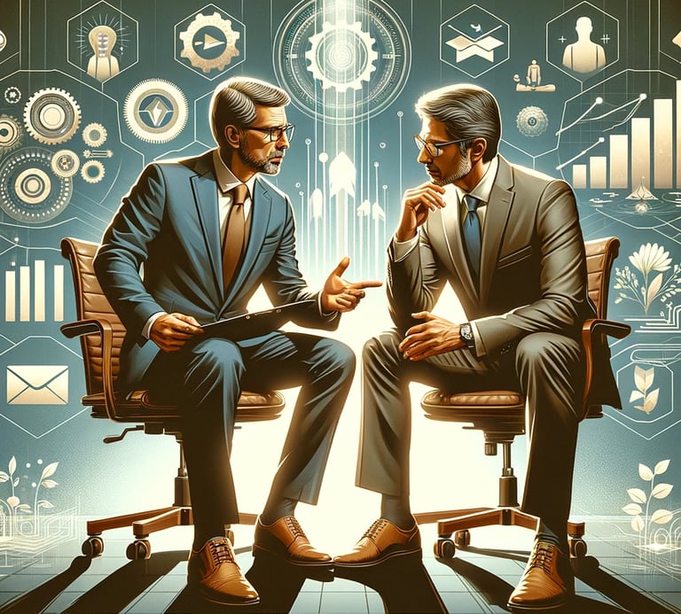 A bcoach and businessman sitting in a session