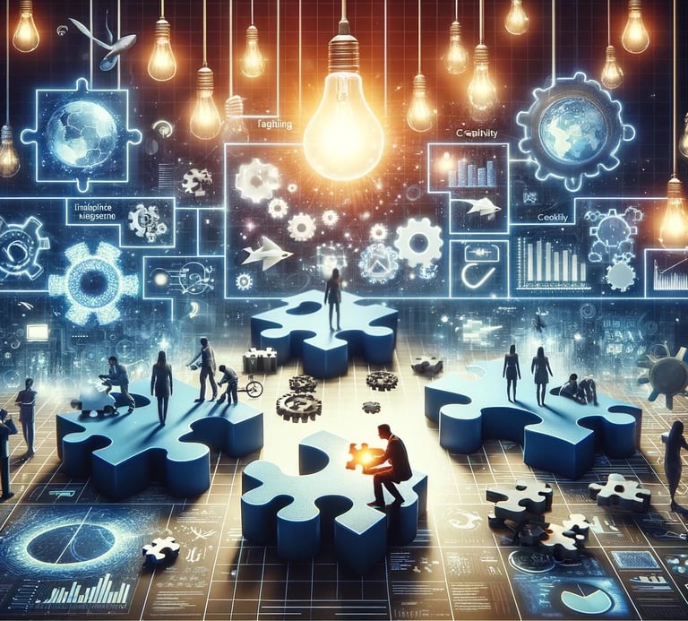 Solving multiple problems as puzzle pieces with idea bulbs above