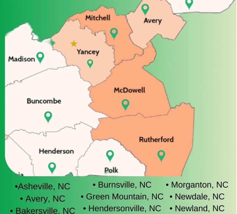 Service area map for Jack's Locksmith showing Western North Carolina counties and towns served