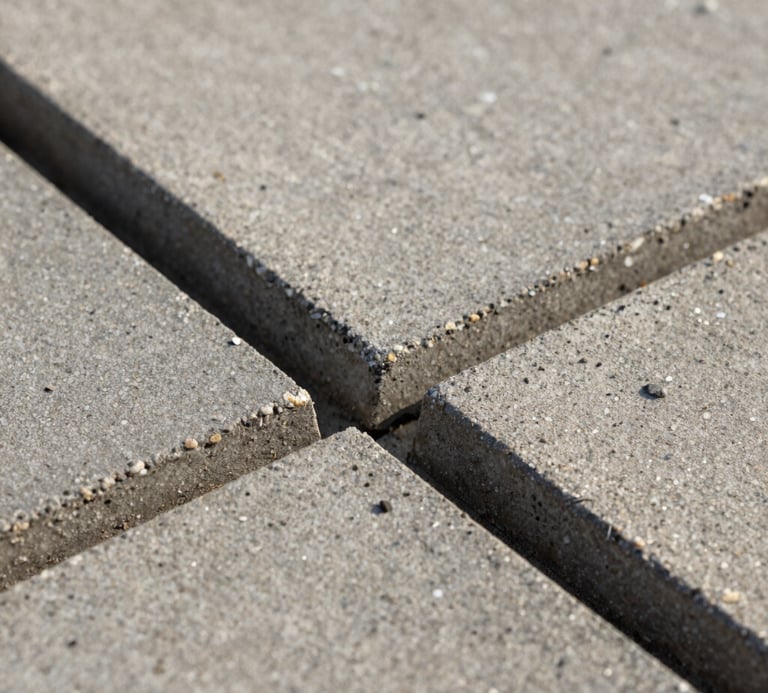 Close-up macro shot of interlocking concrete paving tiles, showing the rich textured aggregate and flawless tight joints under warm side-lighting
