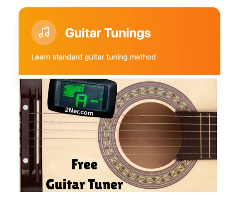 Digital online guitar tuner displayed on an acoustic guitar for standard tuning lessons.