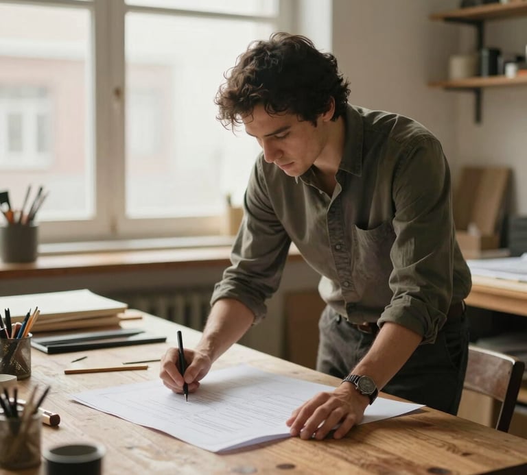 A candid medium shot of a business owner in a naturally lit workshop, reviewing plans on a wooden table, warm tones, shallow depth of field, 35mm