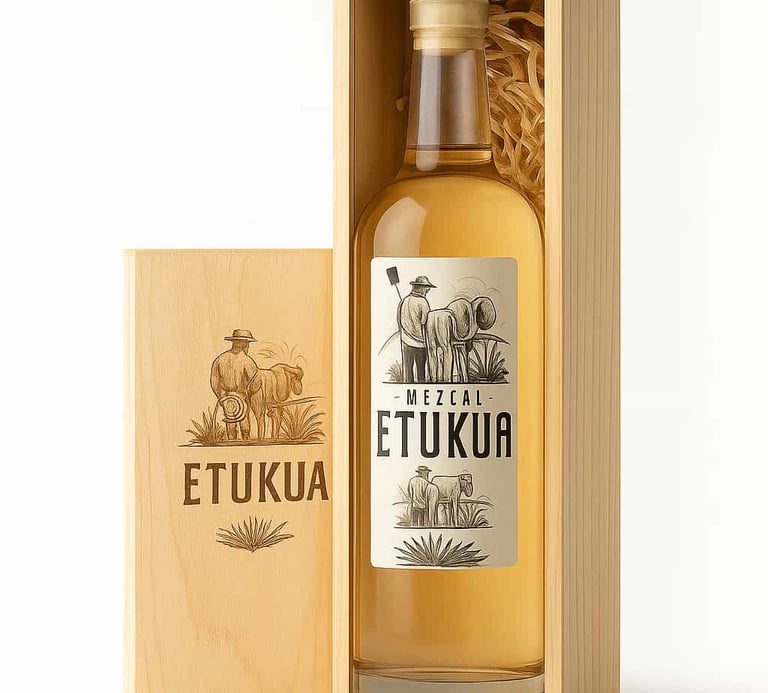 Caja de mezcal Etukua junto a un celular mostrando una confirmación de compra, simbolizando segurida