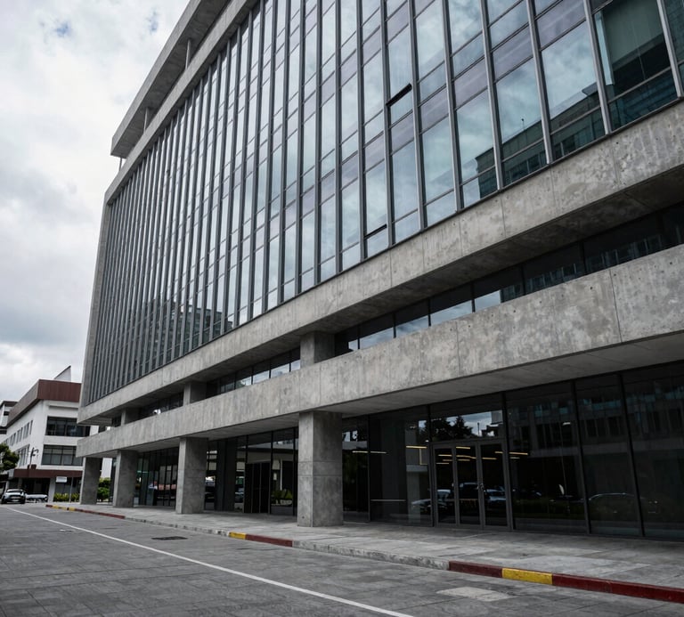 Wide architectural view of a modern corporate office in Quito, cool daylight reflecting on polished concrete and glass, structured and professional setting, generous negative space on the left.