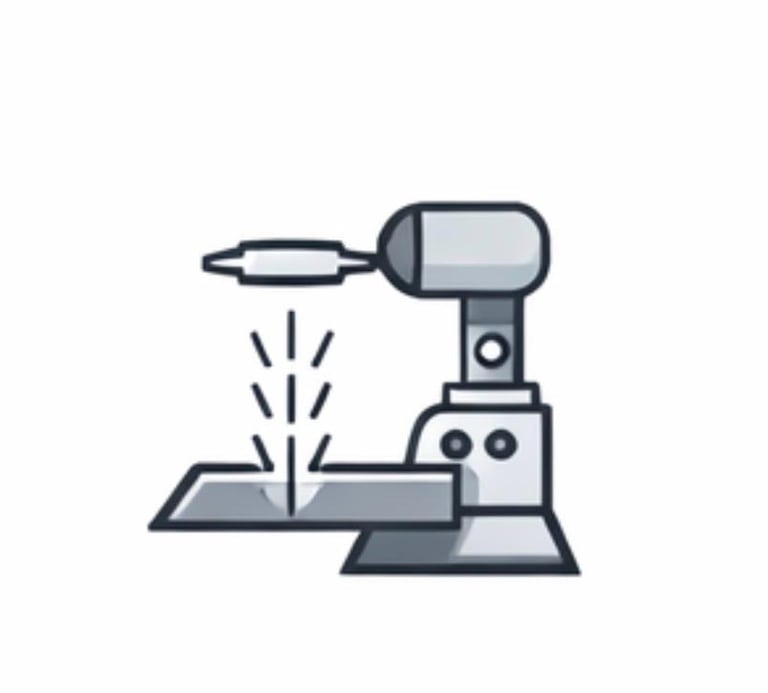 Flat vector icon of an industrial robotic arm performing precision laser cutting on a metal sheet.