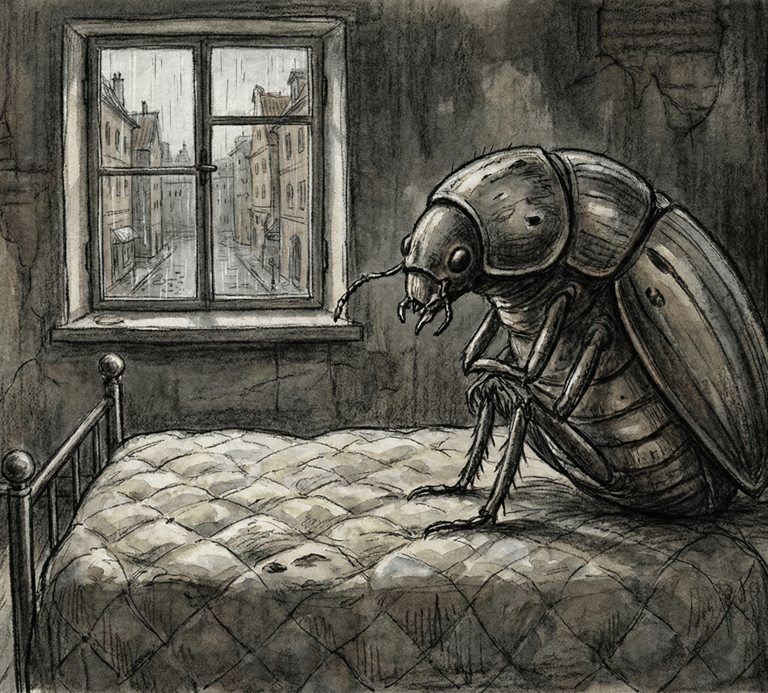 an insect sitting on a bed like a human